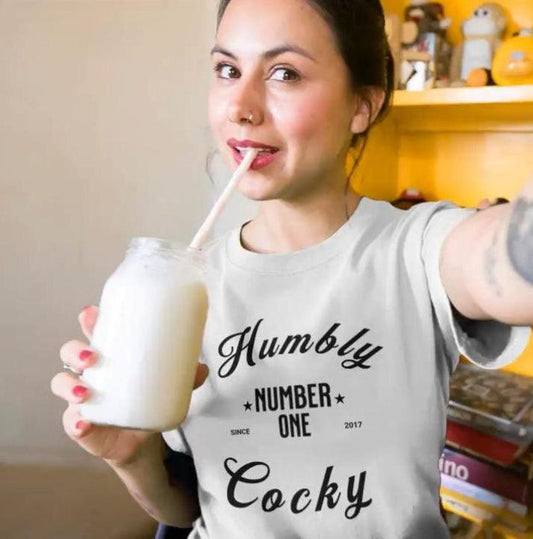 Humbly Cocky Classic T Shirt (White w/Black design)